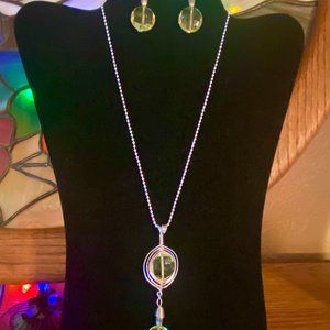 Handcrafted Herringbone Silver Tone and Yellow Crystal Wire Wrapped Necklace Set